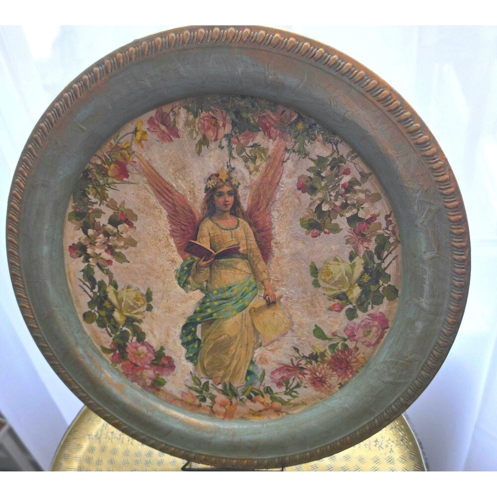 Upcycled 15 Inch Round Metal Tray with Vintage Angel & Floral Decoupage